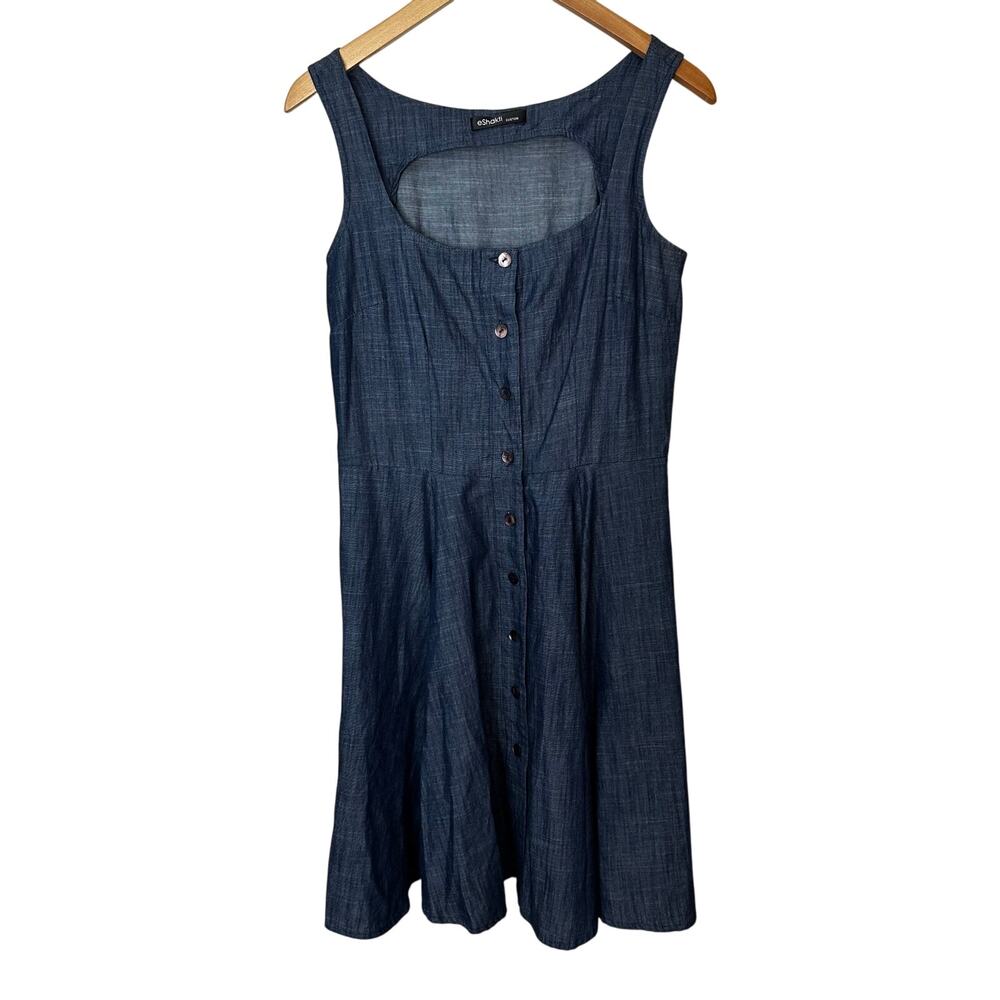 eShakti Custom Chambray Dress Womens A-Line Pockets Milkmaid Sleeveless Blue